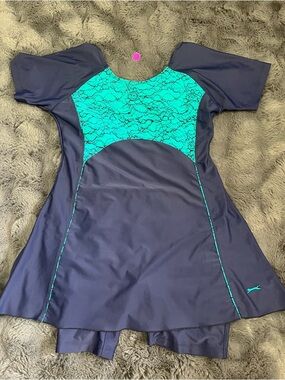 Black Panther Navy Frock Style One-Piece Swimsuit with Teal Lace Panel XXL